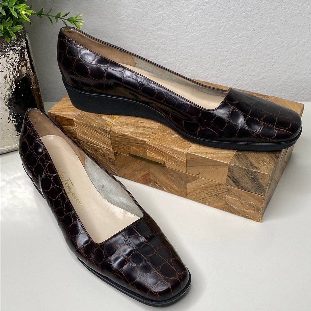 FERRAGAMO Croc Embossed Leather Slip On Low Wedge Shoes Brown Size‎ 10.5